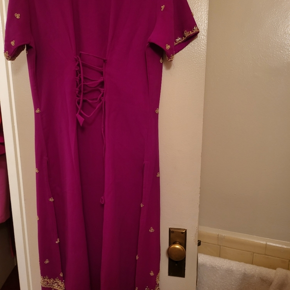 Indian gold embroidered tunic set with tunic, pants and scarf hot pink one size - Picture 14 of 16